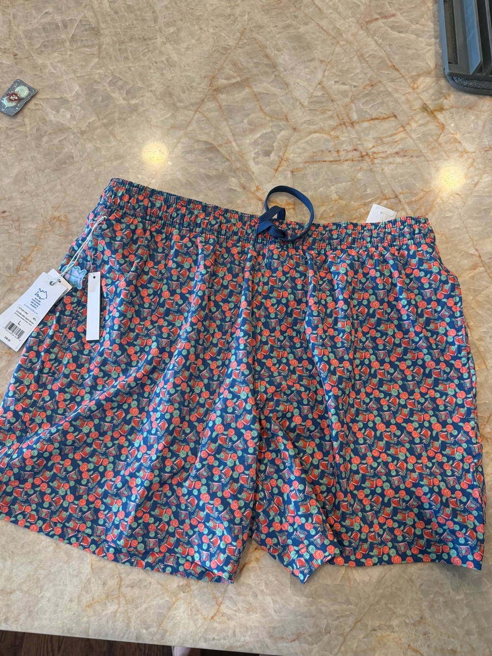 Southern Tide Navy Blue Swim Shorts with Coral Accents